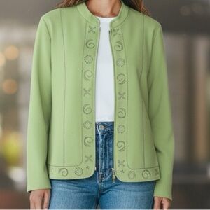 👛 (ANY 2/$40) ALLISON DALEY Green Zipper Jacket Sweater Sleeves Cutouts